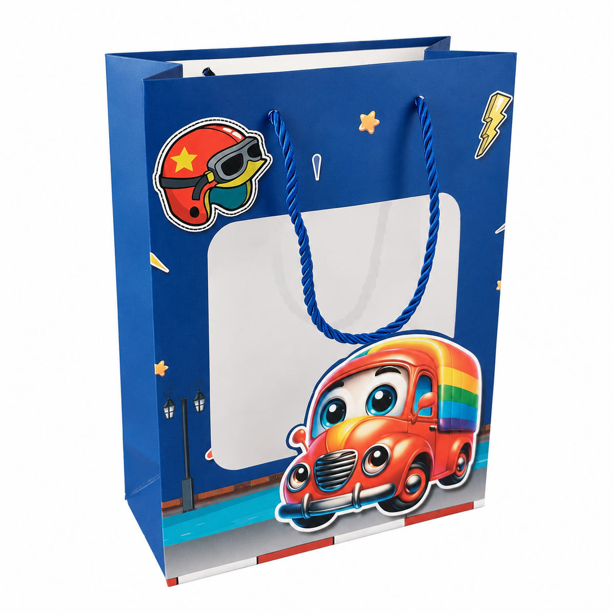 Blue Kids Gift Bag with Car Design and Clear Window - 17.5x25x8cm | C-1206-DB
