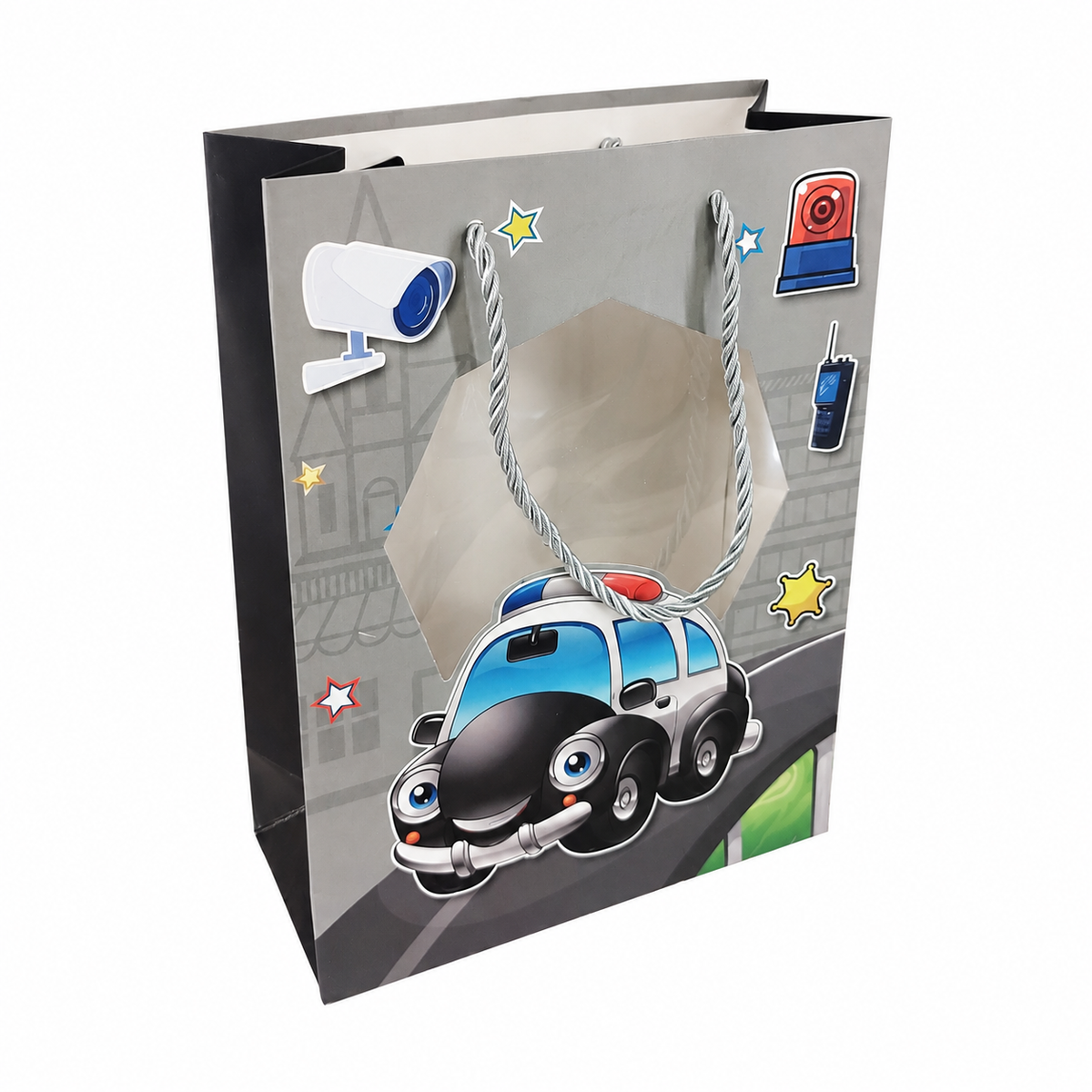 Grey Kids Gift Bag with Police Car Design and Clear Window - 17.5x25x8cm | C-1206-GY