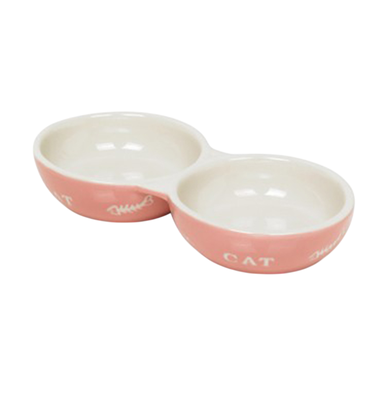 Nobby Cat Ceramic Double Bowl Pink/Beige 22 × 11.5 × 3.5cm | 73367