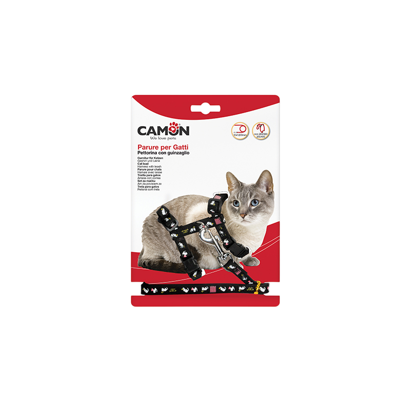 Camon Adjustable Nylon Cat Harness and Leash Set - Black Cat Pattern | DG005/C