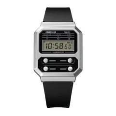 Casio Vintage Digital Unisex Watch Silver Case, Black Dial, Black Resin Band | A100WEF-1ADF