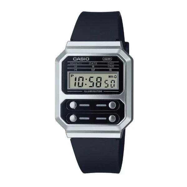 Casio Vintage Digital Unisex Watch Silver Case, Black Dial, Black Genuine Leather Band | A100WEL-1ADF
