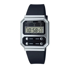 Casio Vintage Digital Unisex Watch Silver Case, Black Dial, Black Resin Band | A100WEF-1ADF