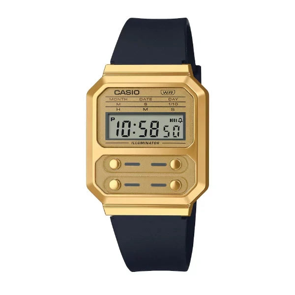 Casio Vintage Digital Unisex Watch Gold-Plated Case and Dial, Black Resin Band | A100WEFG-9ADF