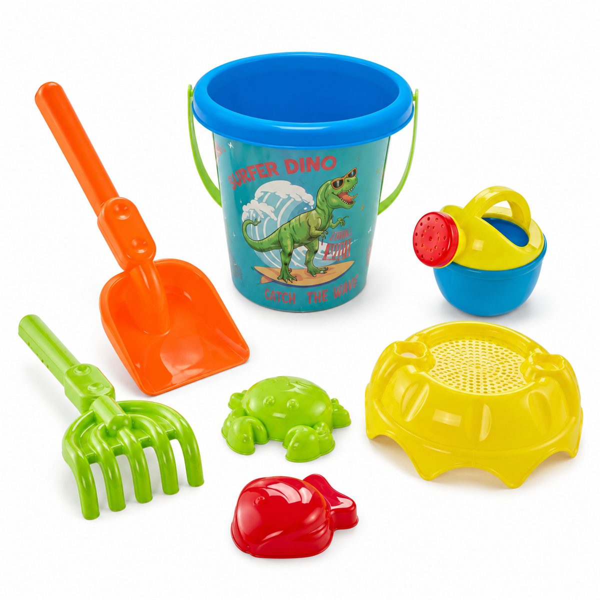 Super Dino Kids Beach and Sand Toy Set with Bucket, Watering Can and Molds - 7 Pieces | JJ026