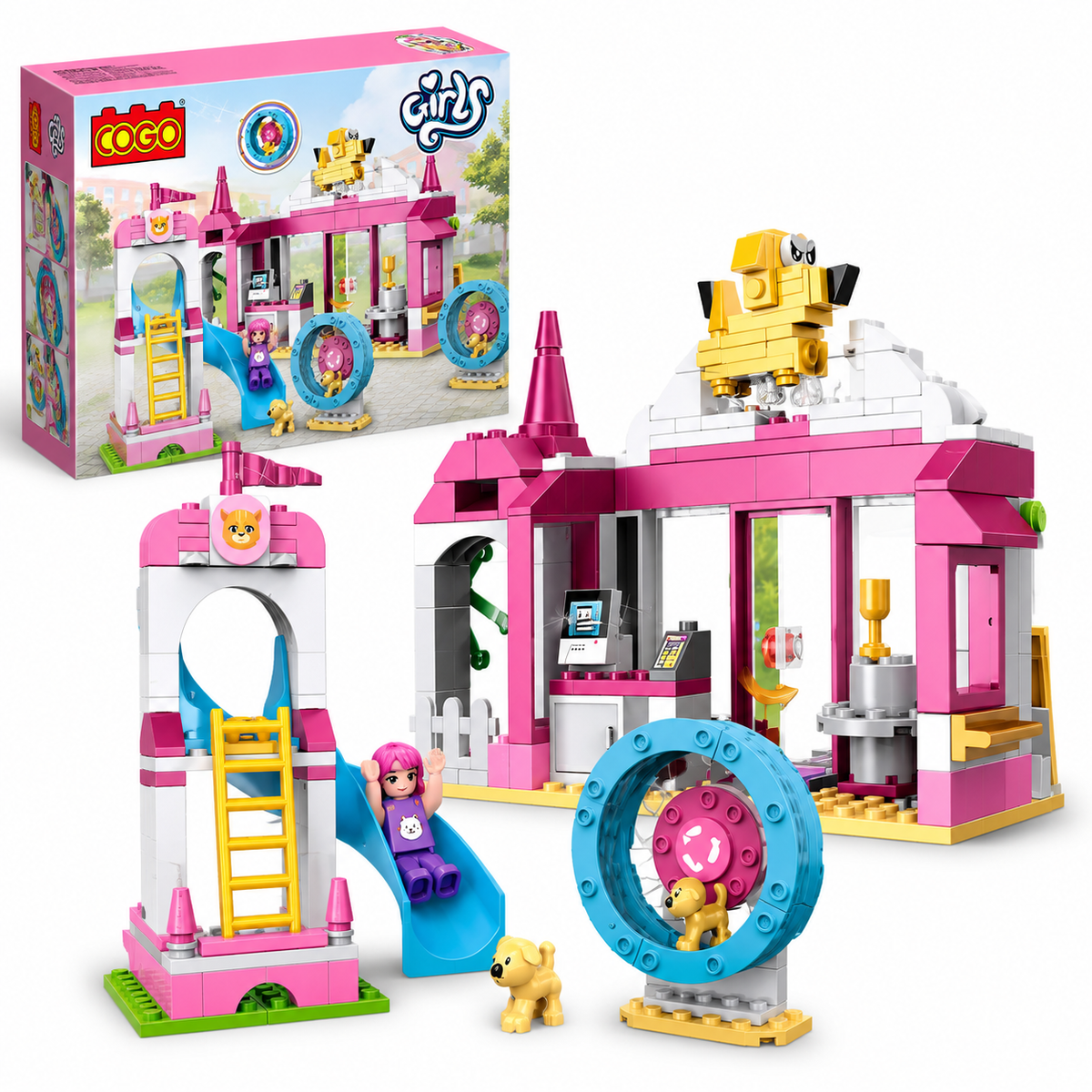 COGO Girls Pet House Building Block Set - Slide & Rotating Pet Wheel - Pink Design | 4569