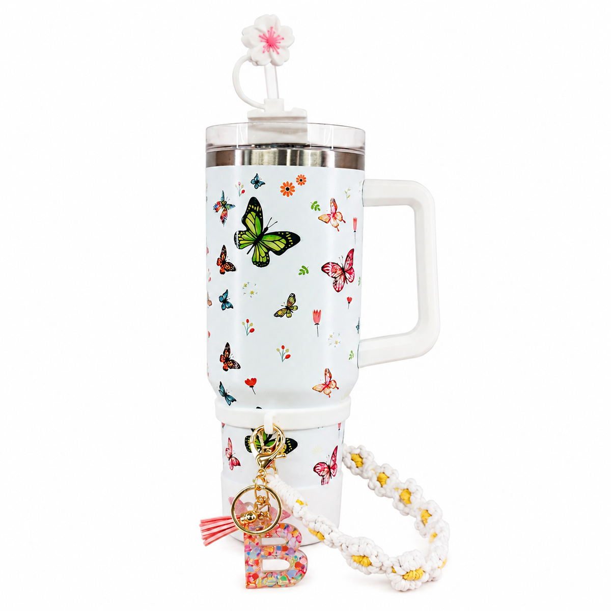 Butterfly Stainless Steel Double Wall Vacuum Insulated Tumbler 1200ml With Letter Charm - White | C4094-WH