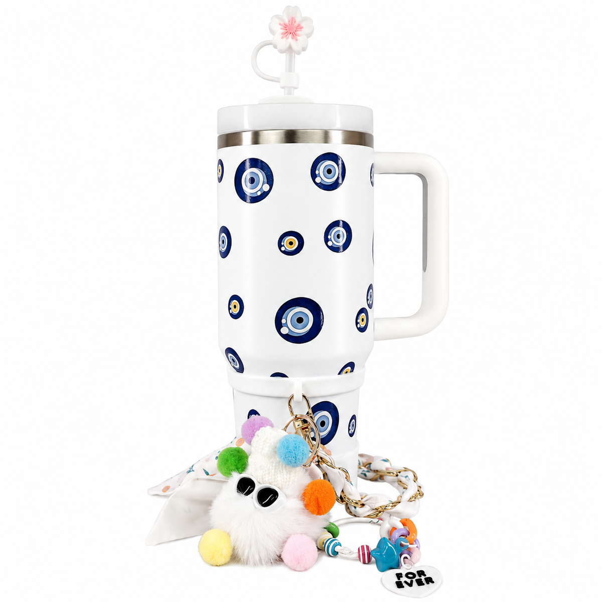 Eye Evil Stainless Steel Double Wall Vacuum Insulated Tumbler 1200ml With Plush Charm - White | C4089-WH