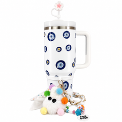 Eye Evil Stainless Steel Double Wall Vacuum Insulated Tumbler 1200ml With Plush Charm - White | C4089-WH