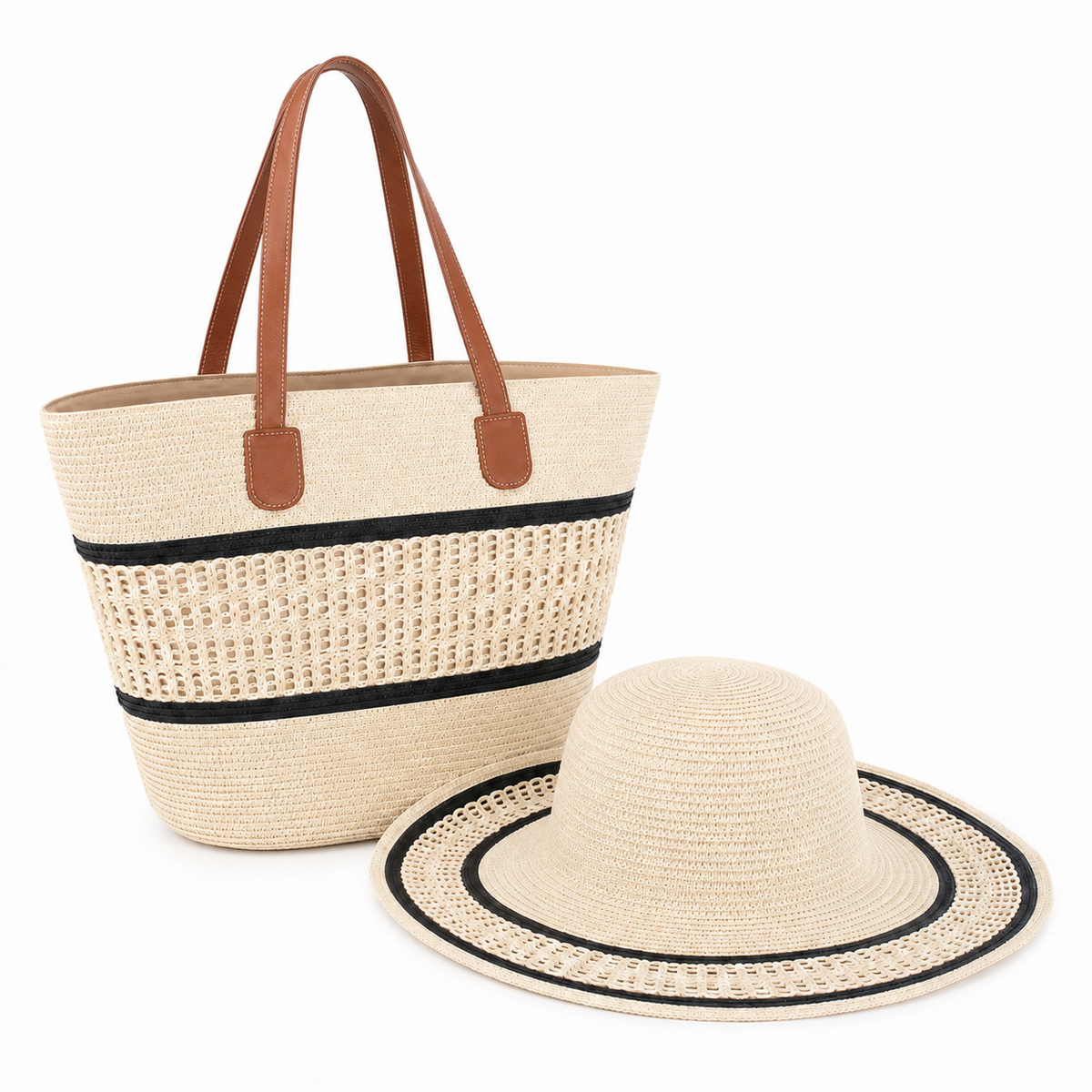 White and Black Beach Bag and Hat Set | C-3132-WH