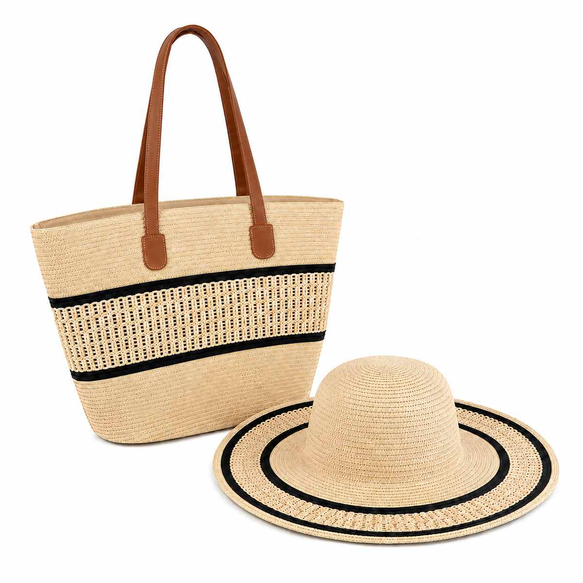 Beige and Black Beach Bag and Hat Set | C-3132-BG