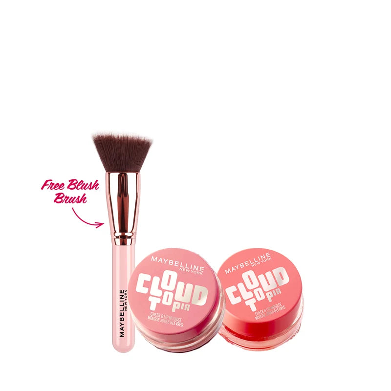 Maybelline New York Cloudtopia Cheek & Lip Mousse duo with two selectable blush shades and free blush brush