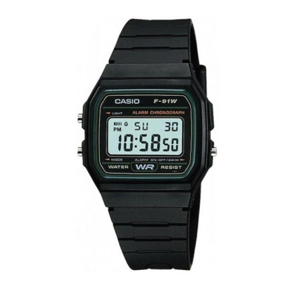 Casio Digital Watch – Black Case, Black/Green Dial & Resin Strap | F-91W-3DG