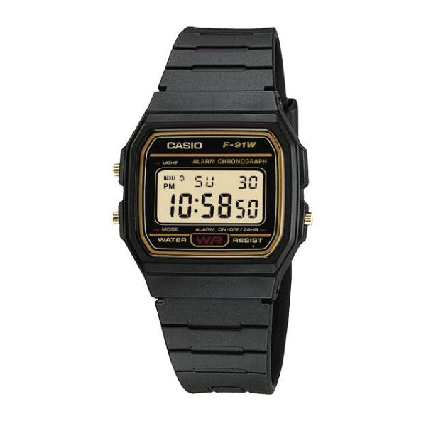 Casio Digital Watch – Black Case, Black/Gold Dial & Resin Strap | F-91WG-9QDF