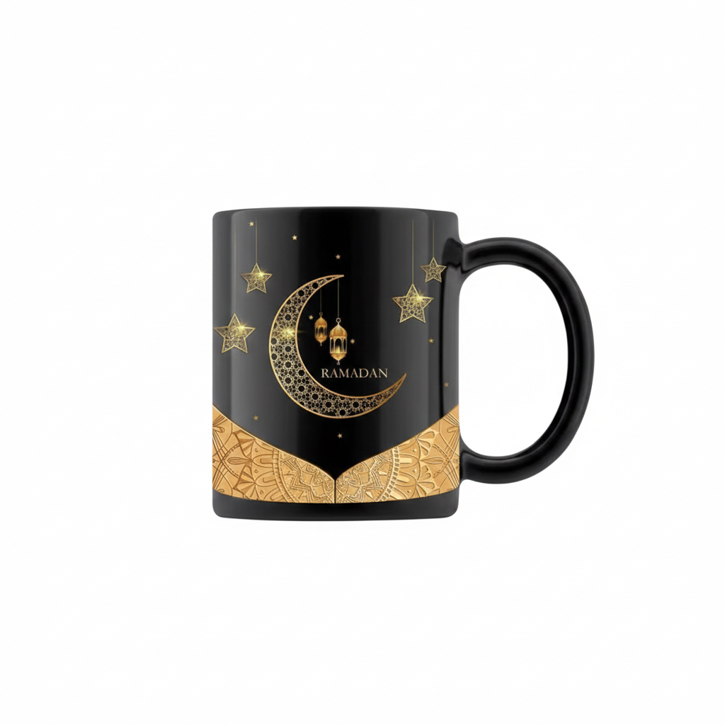 Ramadan Black Ceramic Mug – Gold Crescent, Lanterns & Stars Design | 7161-38
