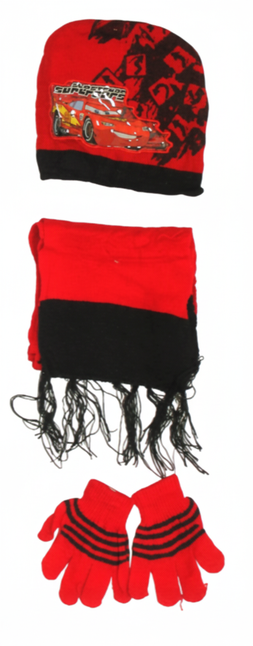Kids Winter Set - Hat, Scarf & Gloves - Red & Black Cars Racing Design | AL1892