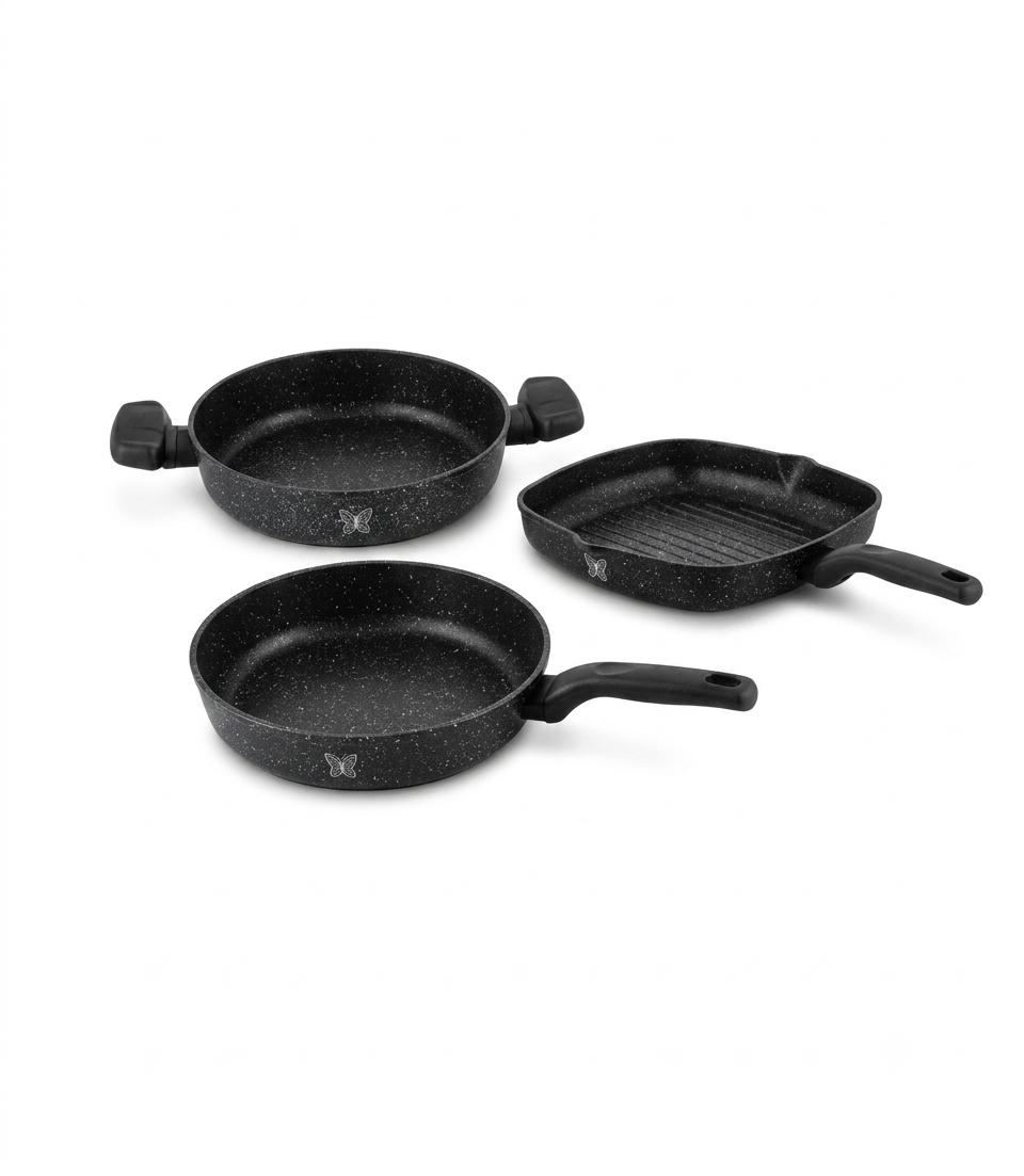 Korkmaz Set of 3 Ornella Square Grill 28 cm + Frypan 24 cm + Omelette 20 cm