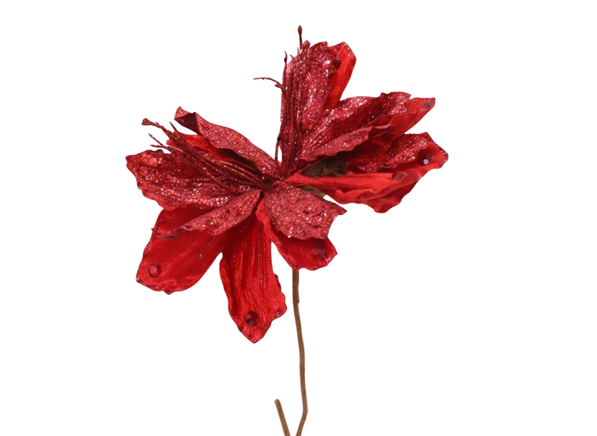 Red Christmas Glitter Petal Decorative Flower Stem | 10052