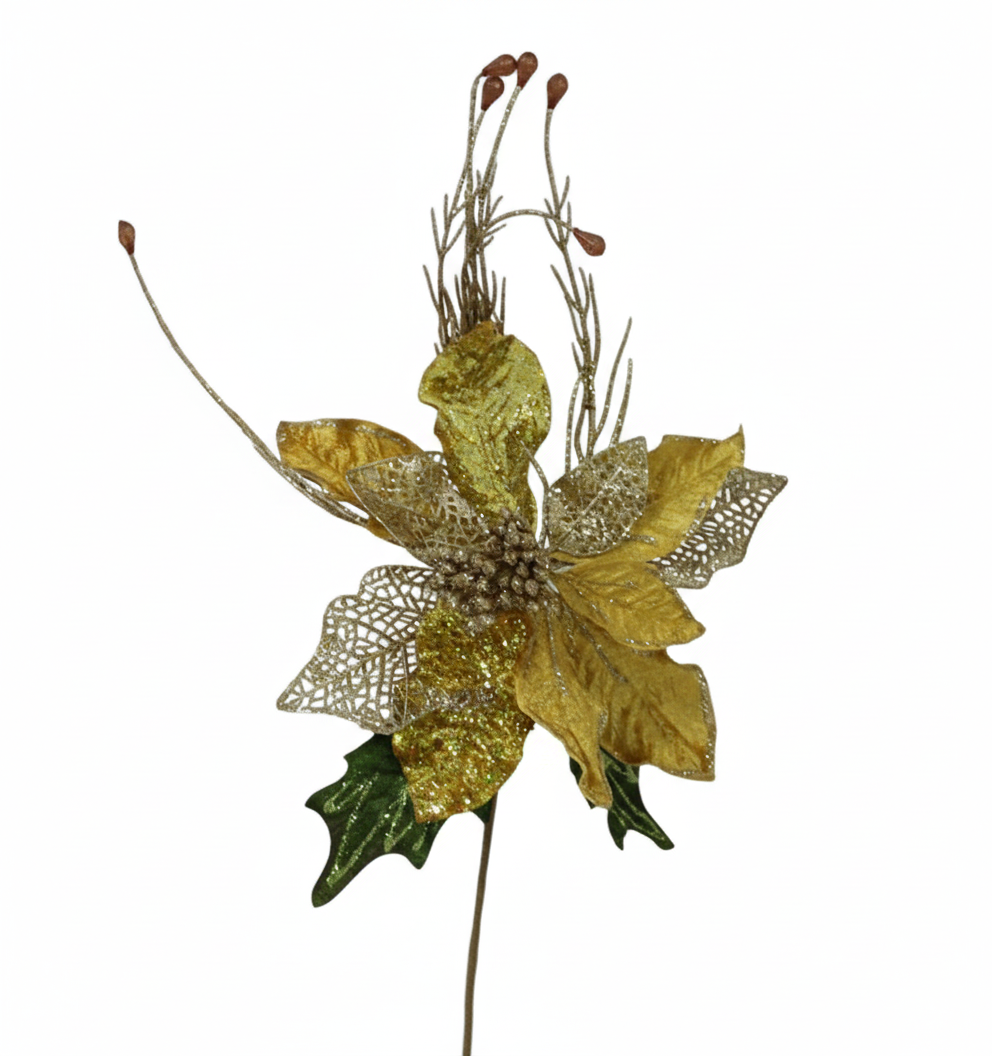 Decorative Gold Flower & Leaf Christmas Pick | 10072
