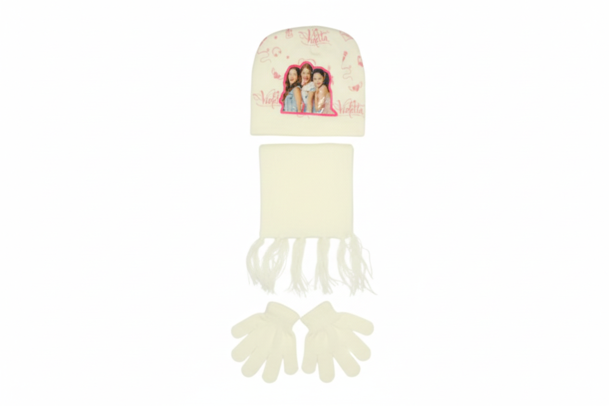Kids’ Winter Hat, Scarf & Gloves Set with Violetta Print - Ivory | AL1885/I