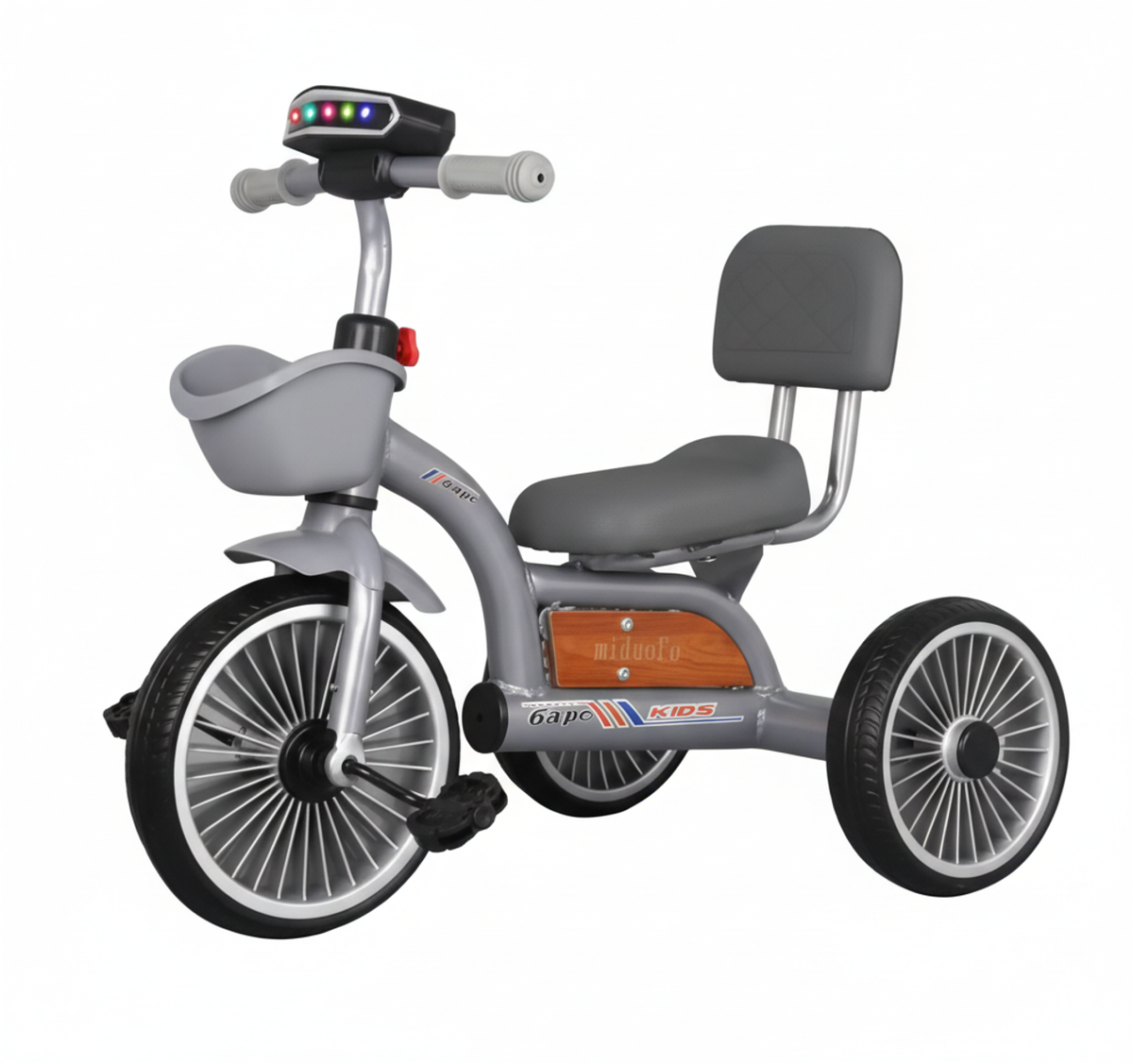 Kids Ride On Tricycle with LED Handlebar Light, Comfortable Backrest & Storage Basket - Grey | 123/G