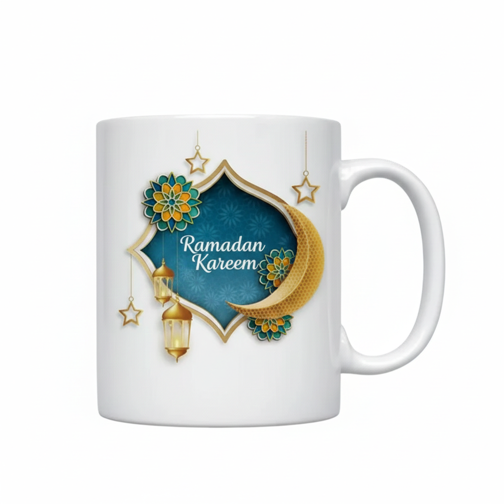 Ramadan Ceramic Mug – Teal Geometric Frame with Crescent & Lantern Design | 7161-36