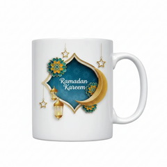 Ramadan Ceramic Mug – Teal Geometric Frame with Crescent & Lantern Design | 7161-36