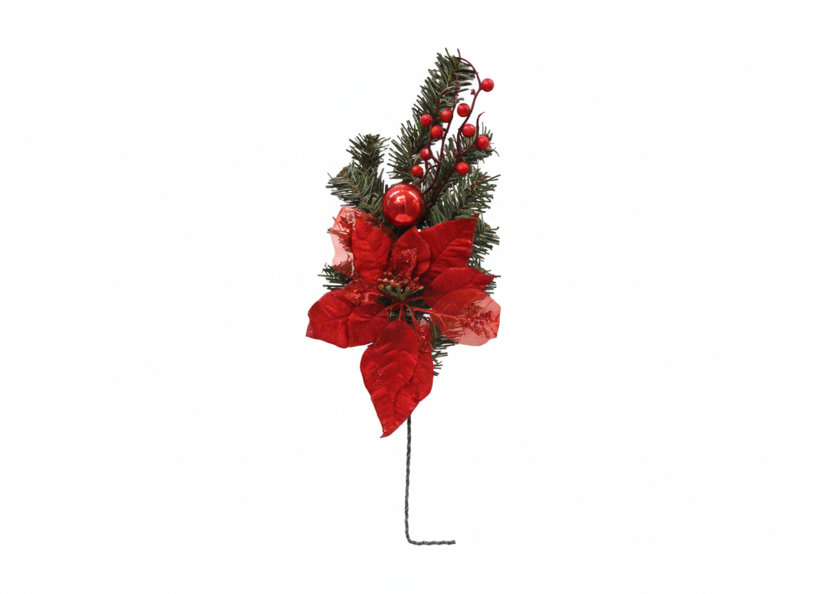 Red Christmas Poinsettia, Berries & Pine Decorative Stem | 44742/1