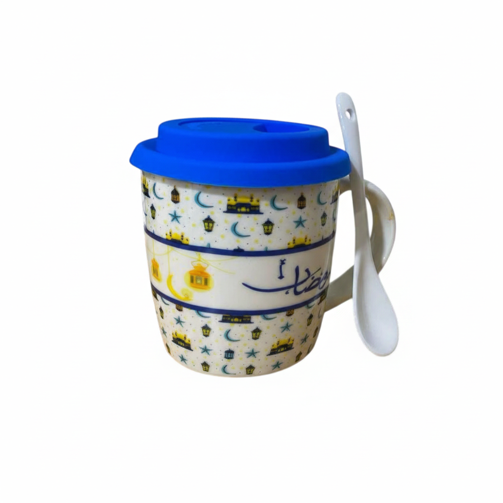 Ramadan Kareem Ceramic Mug with Lid & Spoon – Lantern & Crescent Pattern (Blue Lid) | 7161-23