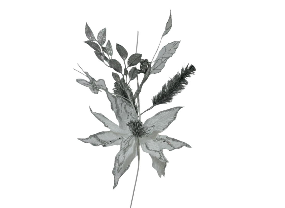 Silver Christmas Poinsettia, Glitter Leaves & Pine Decorative Stem | 10055