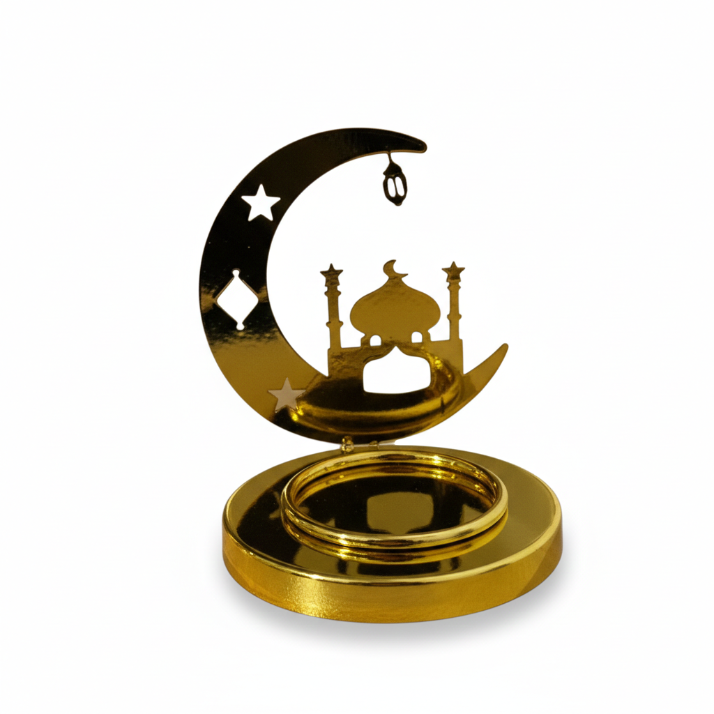Ramadan Gold Crescent Moon Candle Holder with Mosque Silhouette | 7138-30