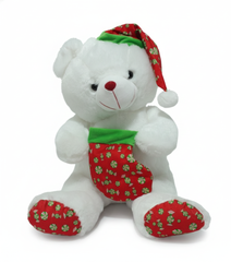Christmas Plush Bear - White Soft Teddy with Festive Red & Green Outfit