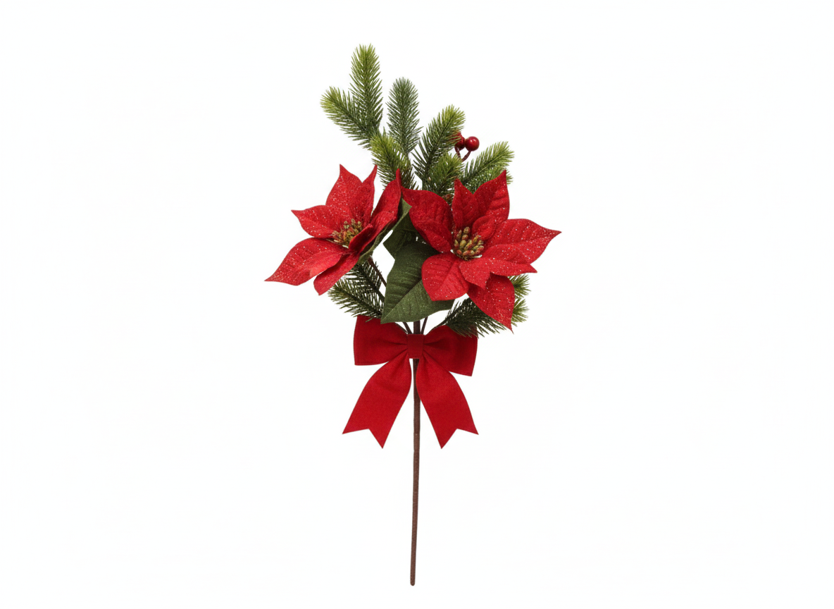 Red Christmas Poinsettia & Pine Decorative Stem | 44864