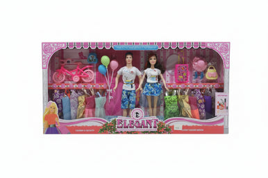 Elegant Fashion Doll Playset - Couple Dolls with Dresses, Bicycle & Accessories | 055B