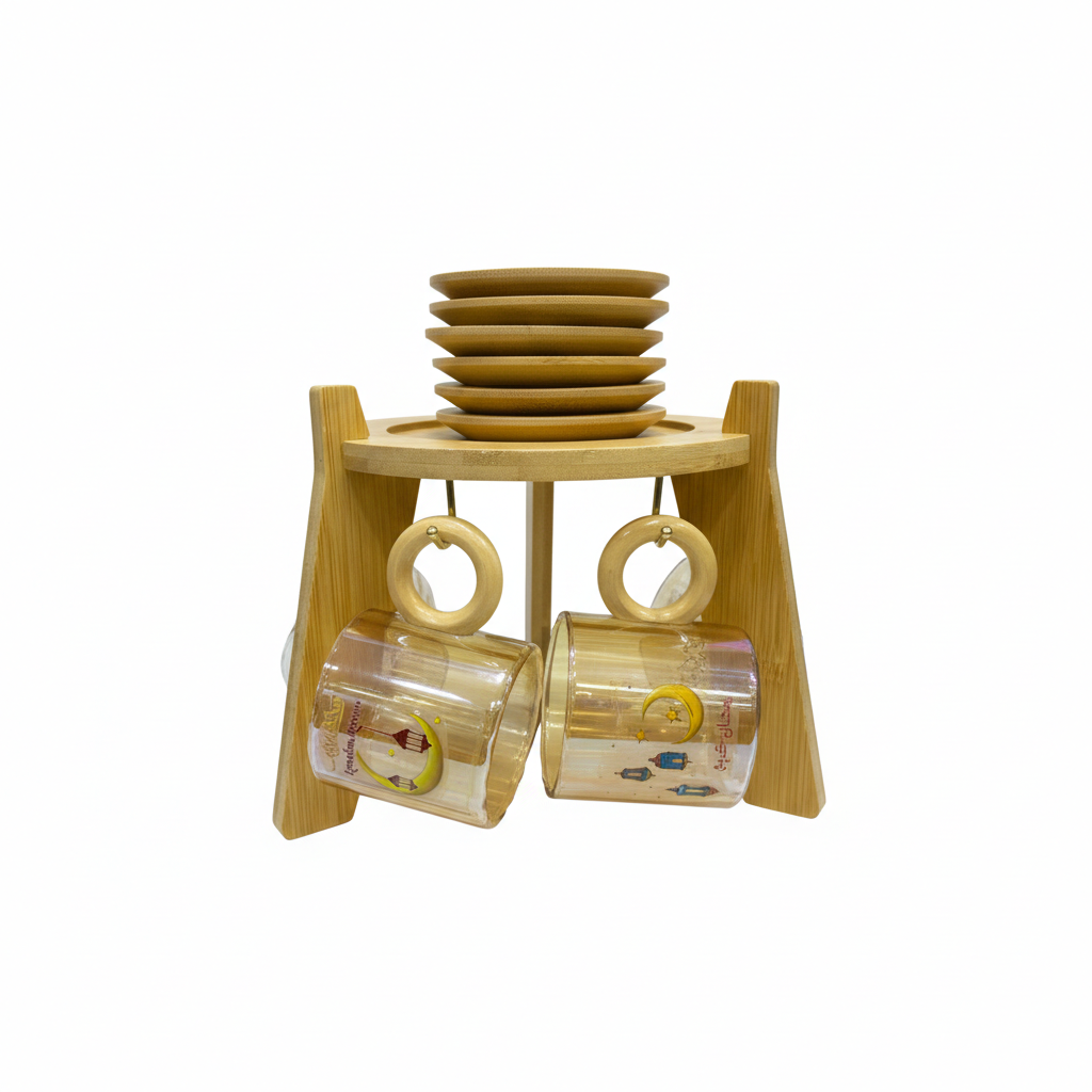 Ramadan Kareem Glass Cup Set with Wooden Stand & Saucers | 7047-4