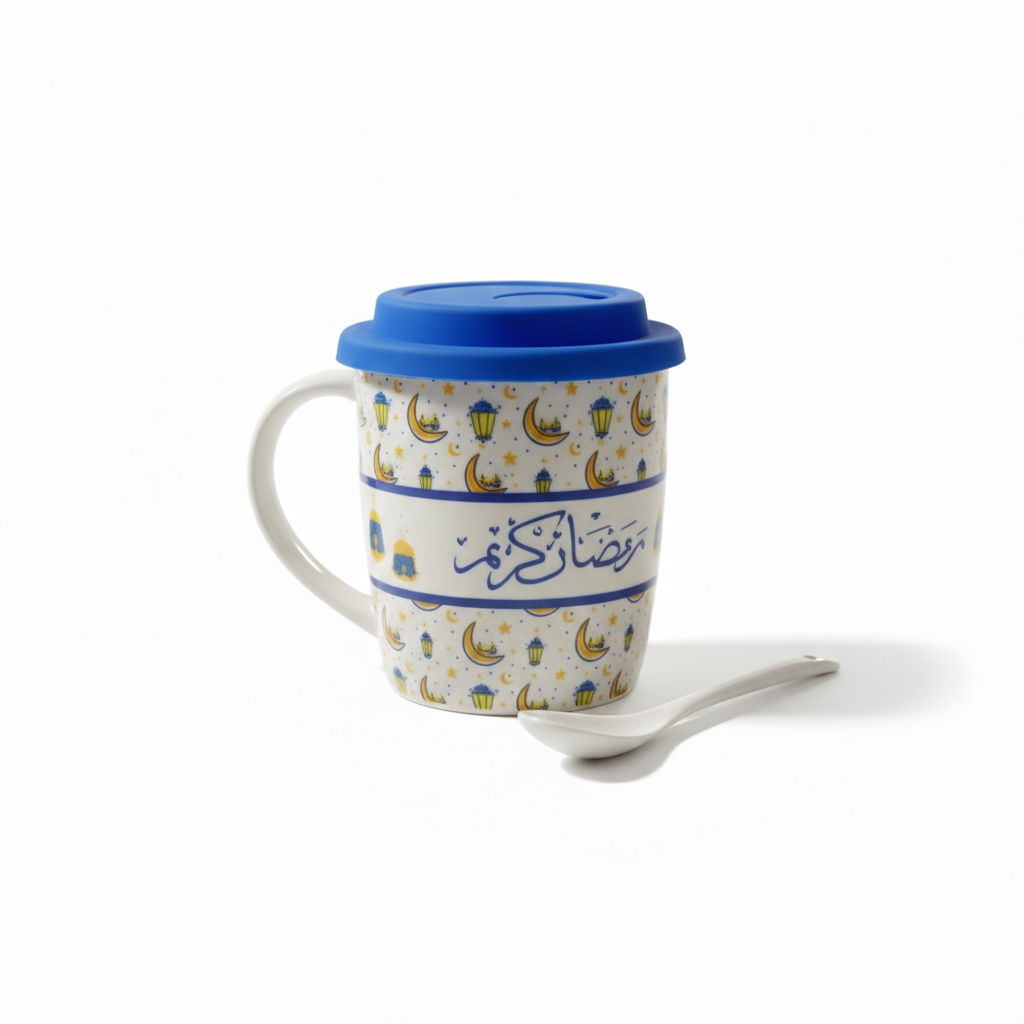 Ramadan Kareem Ceramic Mug with Lid – Lantern & Crescent Pattern (Blue Lid) | 7161-24