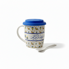 Ramadan Kareem Ceramic Mug with Lid – Lantern & Crescent Pattern (Blue Lid) | 7161-24
