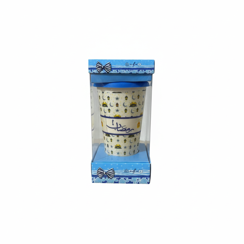 Ramadan Kareem Tall Ceramic Mug with Lid – Lantern & Crescent Pattern (Blue Gift Box) | 7161-21