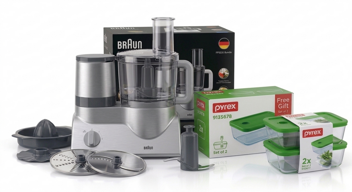 Braun Food Processor FP3233 + Free Pyrex Set of 2 Lunchbox 913S678 Bundle