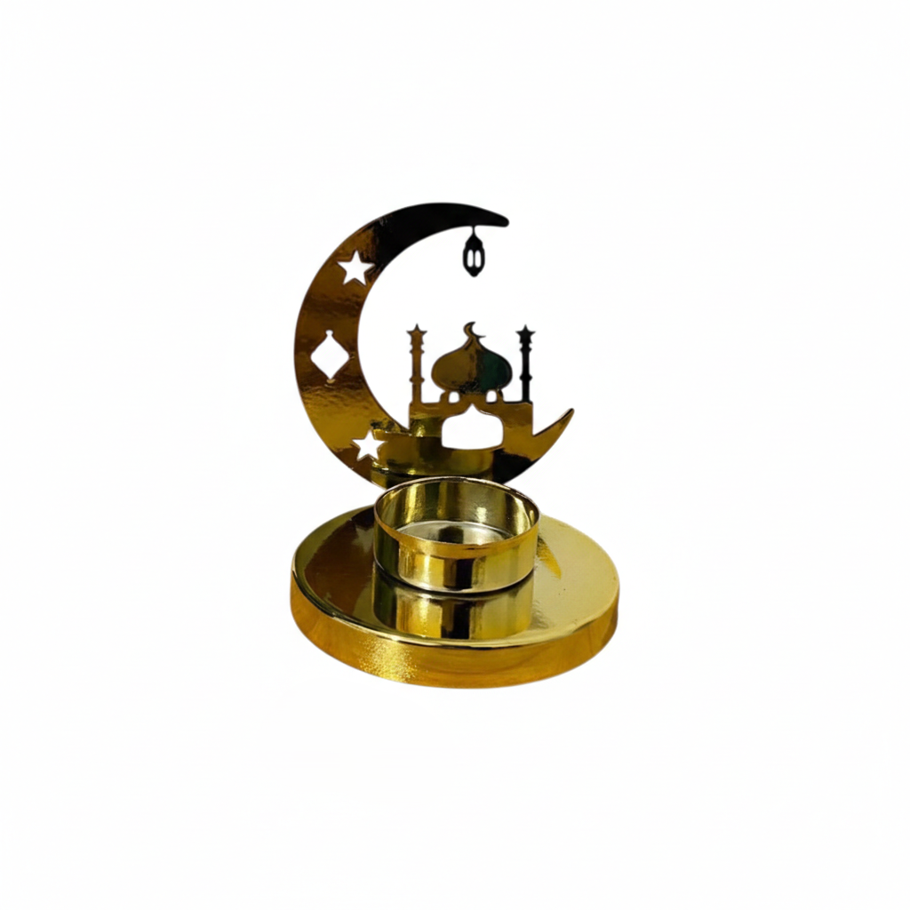 Ramadan Gold Crescent Moon Tea Light Candle Holder with Mosque Cutout | 7138-56