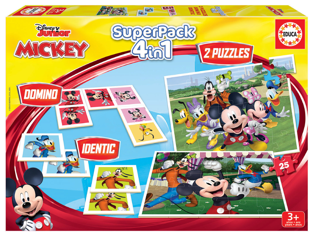 EDUCA Disney Junior Mickey SuperPack 4-in-1 - Domino, Matching Cards & 2 Puzzles (25 pieces) | 19099
