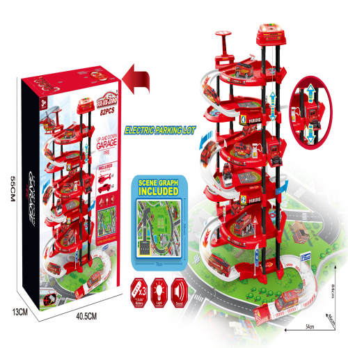 5-Level Fire Rescue Electric Parking Garage with Elevator, Spiral Ramps & Playmat - 82-Piece Set | 660-A325