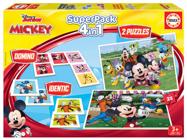 EDUCA Disney Junior Mickey SuperPack 4-in-1 - دومينو، بطاقات مطابقة ولغزان (25 قطعة) | 19099