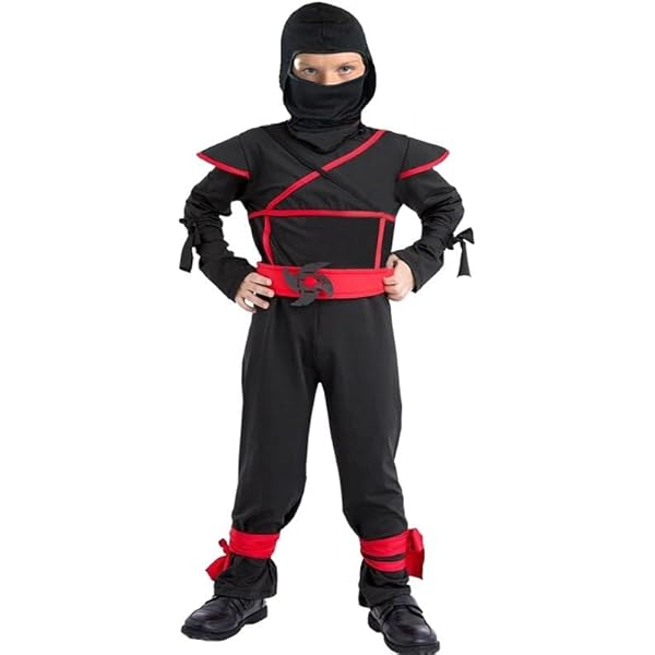 Ninja Warrior Children’s Costume (Hooded Shirt, Pants, Belt, Mask, Armour, Cuffs) - Medium Size (120-130 cm) | 091791