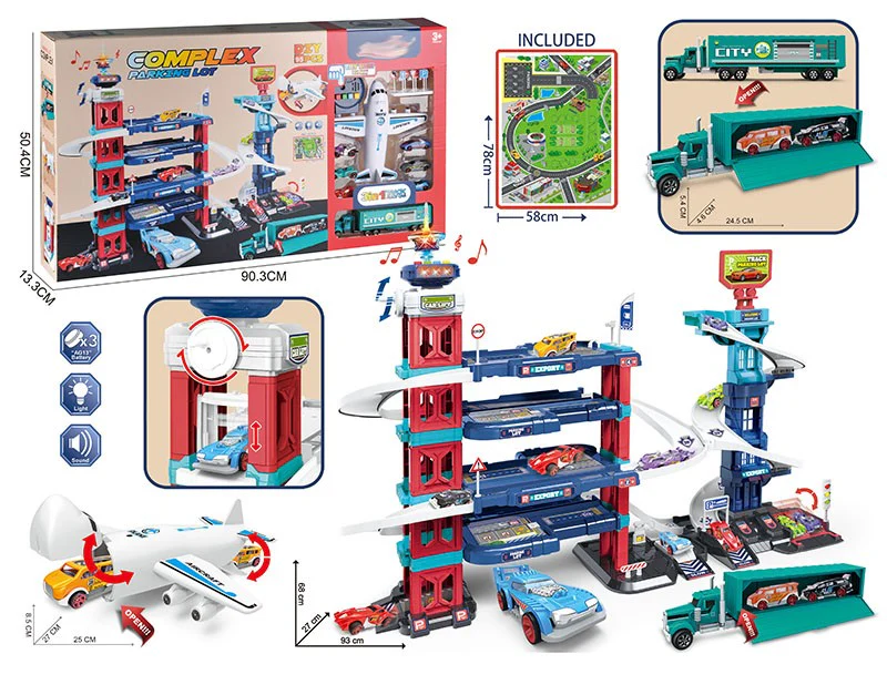 Mega Complex Parking Garage Playset with Airplane, Transport Truck, Music & Lights - Multi-Level City Parking Lot | 660-S15