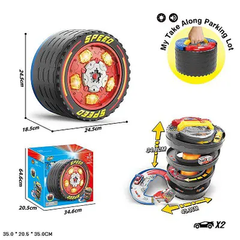 2-in-1 Tire Parking Track Playset with Spiral Race Tower & 2 Cars - Light-Up Wheel Carry Case | SK-571SA