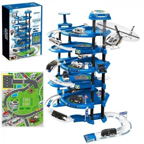 5-Level Police Parking Garage Playset with Spiral Ramps, Helicopter & City Playmat - 82-Piece Set | 660-A324