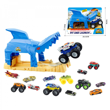 Monster Trucks Pit and Launch Playset - Shark Launcher with Jump Ramp & Vehicles | AFH-004