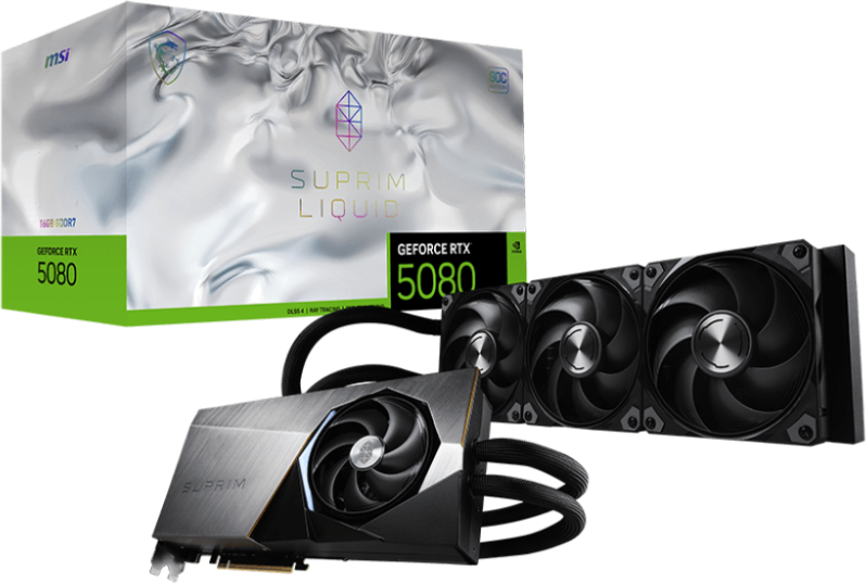 MSI GeForce RTX 5080 16G Suprim Liquid SOC Graphics Card, 16GB GDDR7 256-Bit Memory, 2745 MHz Boost Clock, 30 Gbps Memory Speed, 10752 CUDA Cores, PCI Express Gen 5 x16 | 912-V531-027
