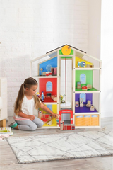 Wooden Dollhouse with Furniture and Family Figures - Multi-Level Playhouse